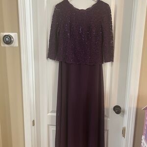 Alex Evenings Long Sleeve Sequined Lace Gown in Plum